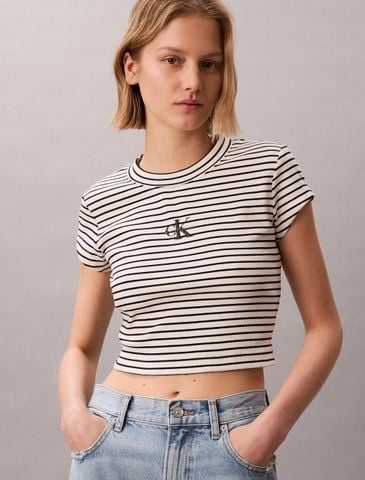Calvin Klein - Áo Thun Tay Ngắn Nữ Striped Monologo Baby Rib Tee