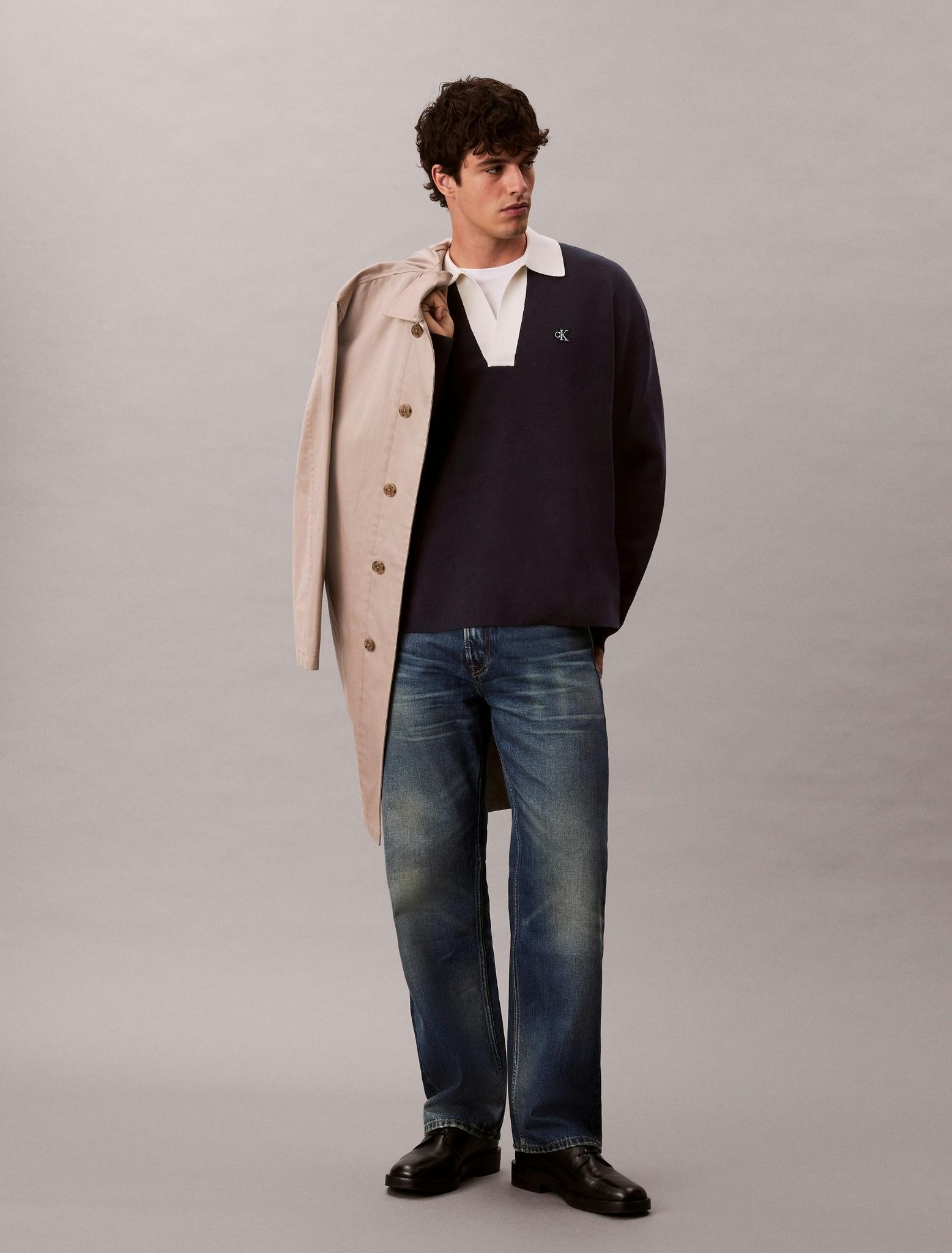 Calvin Klein - Áo len có cổ nam Cotton Relaxed Johnny Collar Jumper