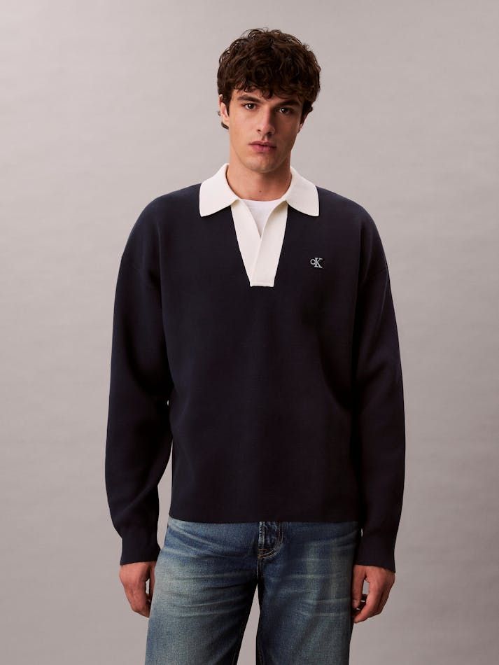 Calvin Klein - Áo len có cổ nam Cotton Relaxed Johnny Collar Jumper