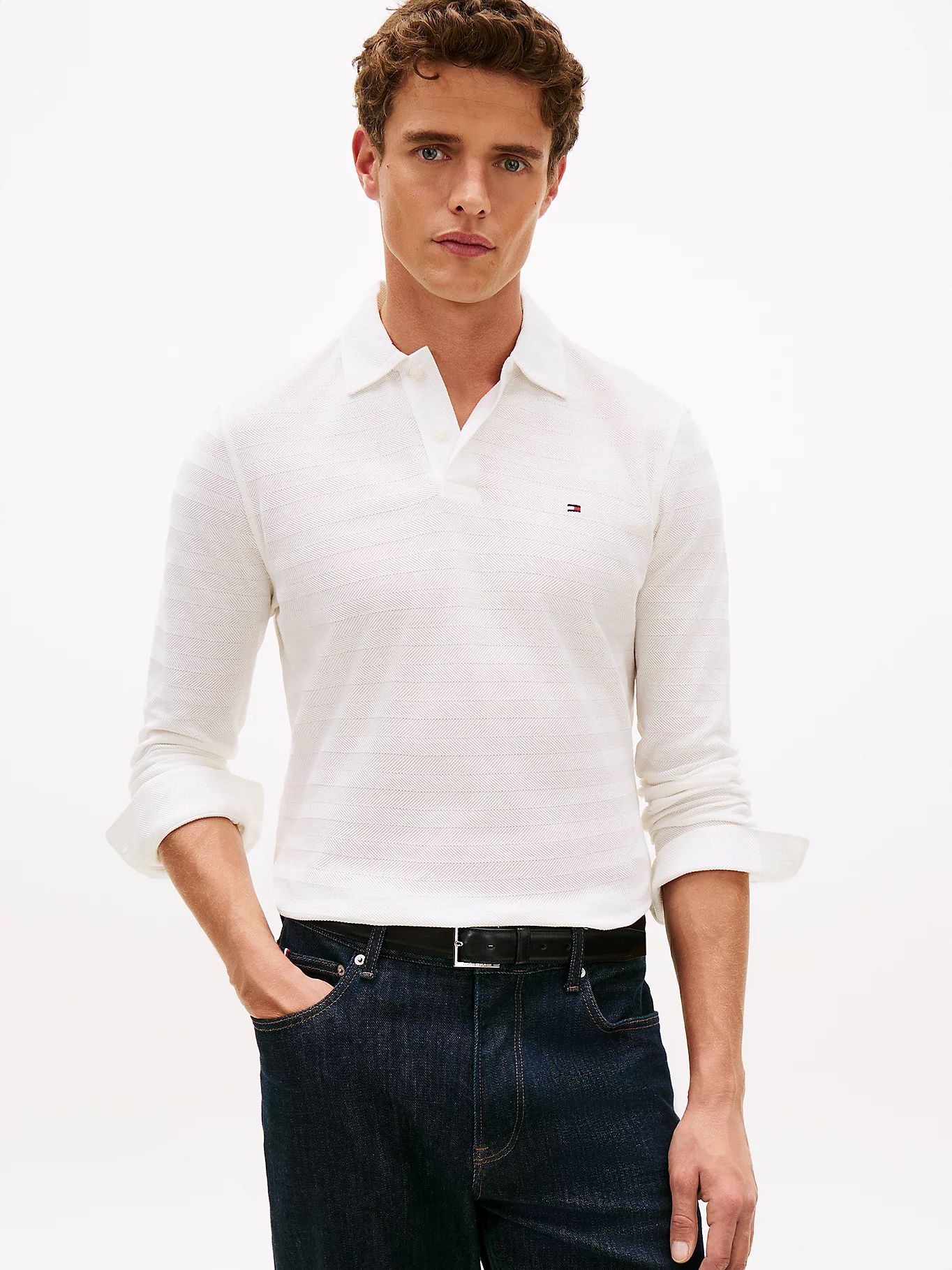 Tommy Hilfiger - Áo polo tay dài nam Herringbone Jacquard Long Sleeve Polo Shirt