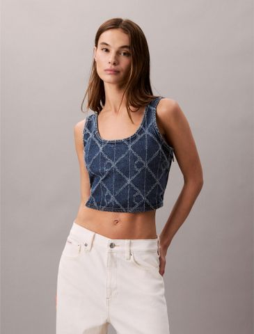 Calvin Klein - Áo ba lỗ nữ Denim Allover Monogram Cropped Tank Top