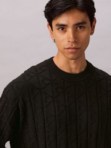 Calvin Klein - Áo len tay dài nam Allover Emblem Logo Ribbed Sweater