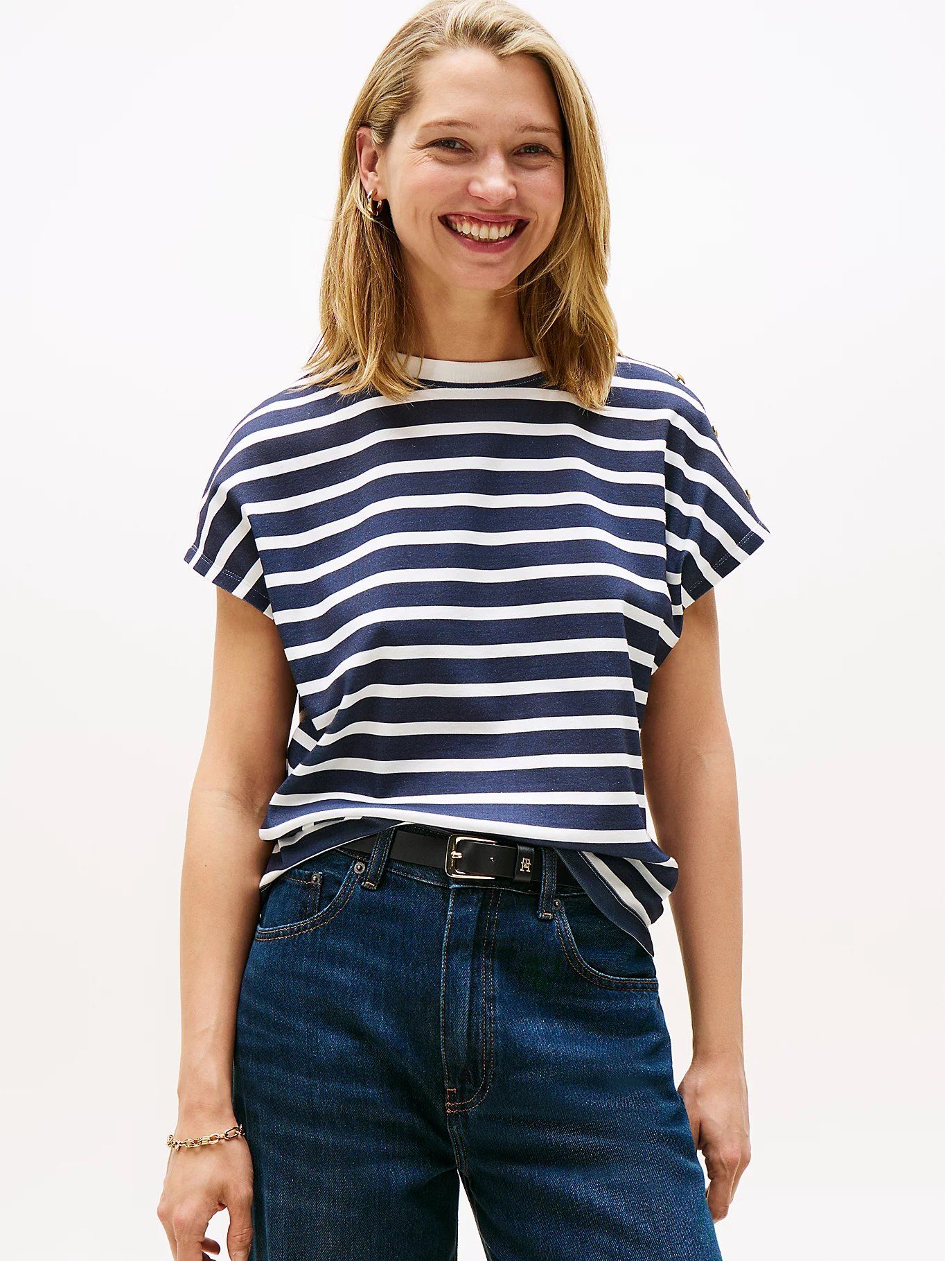 Tommy Hilfiger - Áo thun tay ngắn nữ Gold-Tone Button Shoulder T-Shirt