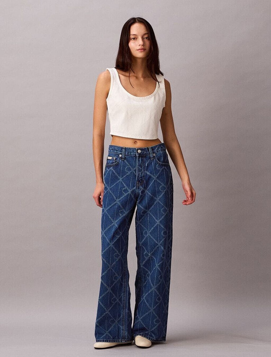 Calvin Klein - Quần jeans ống rộng nữ Allover Monogram Low Rise Baggy Jeans