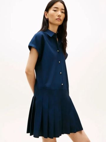 Tommy Hilfiger - Đầm Tay Ngắn Nữ Gold-Tone Button Relaxed Mini Shirt Dress