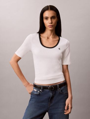 Calvin Klein - Áo Dệt Kim Tay Ngắn Nữ Slim Ribbed Open Back T-shirt