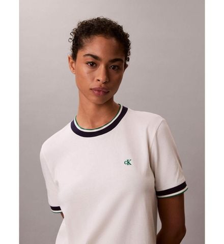 Calvin Klein - Đầm dệt kim Nữ Short Sleeve Cotton Monogram Stripe