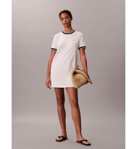 Calvin Klein - Đầm dệt kim Nữ Short Sleeve Cotton Monogram Stripe