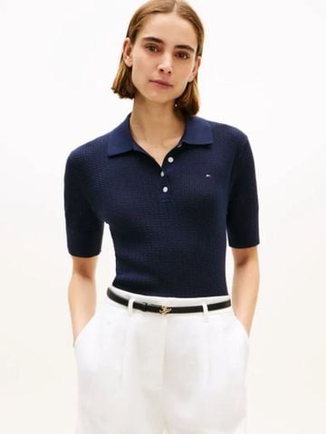 Tommy Hilfiger - Áo nỉ dệt kim Nữ Pointelle Short Sleeve Polo Sweater