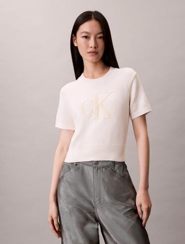 Calvin Klein - Áo len tay ngắn nữ Monologo Cropped Jumper