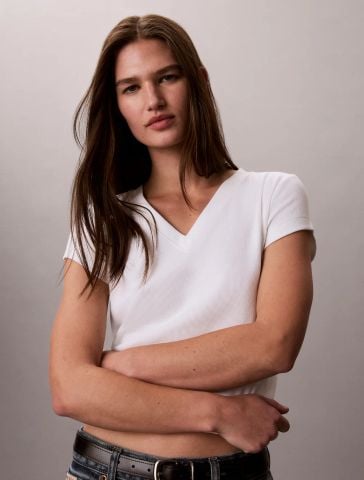 Calvin Klein - Áo Thun Tay Ngắn Nữ Ck Woven Label Baby Rib