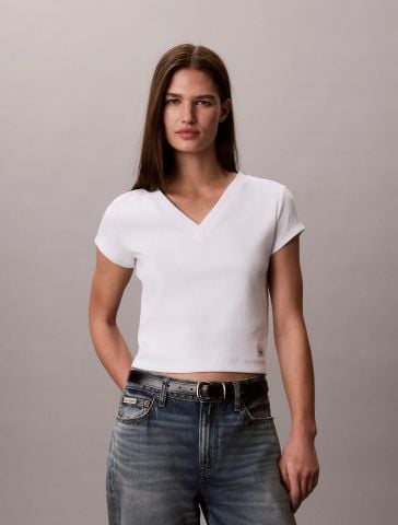 Calvin Klein - Áo Thun Tay Ngắn Nữ Ck Woven Label Baby Rib