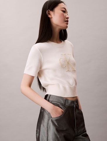 Calvin Klein - Áo len tay ngắn nữ Monologo Cropped Jumper