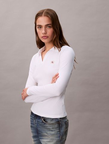 Calvin Klein - Áo polo tay dài dệt kim nữ Woven Monologo Rib Collared Top