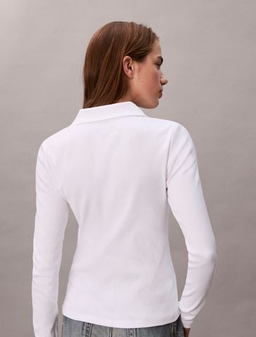 Calvin Klein - Áo polo tay dài dệt kim nữ Woven Monologo Rib Collared Top