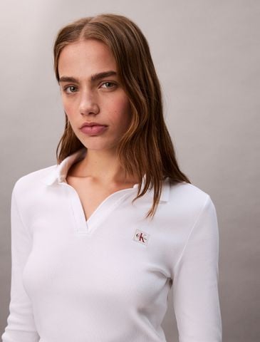 Calvin Klein - Áo polo tay dài dệt kim nữ Woven Monologo Rib Collared Top
