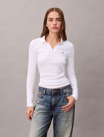 Calvin Klein - Áo polo tay dài dệt kim nữ Woven Monologo Rib Collared Top
