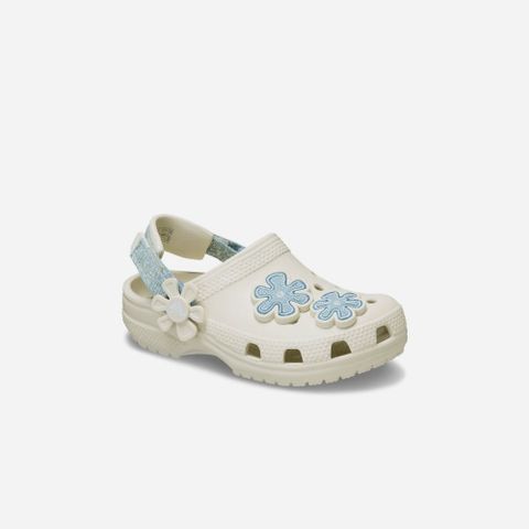 Crocs - Giày Trẻ Em Bé Gái Classic Clog T Denim Flower Summit White