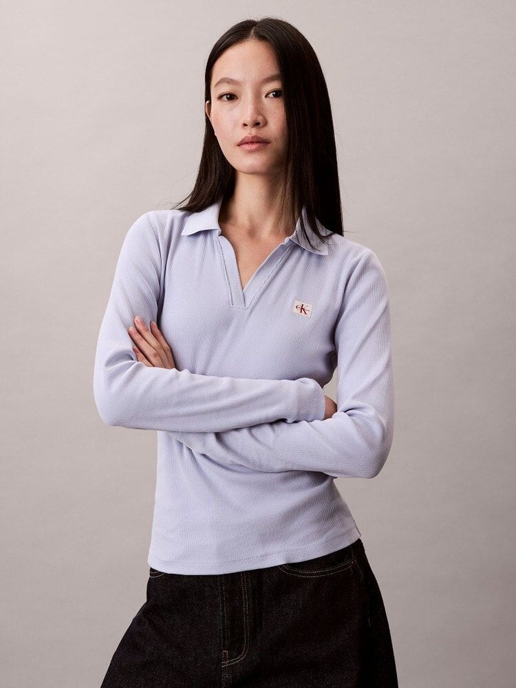 Calvin Klein - Áo polo dệt kim tay dài nữ Woven Monologo Rib Collared Top