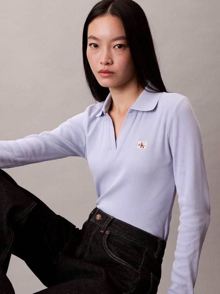 Calvin Klein - Áo polo dệt kim tay dài nữ Woven Monologo Rib Collared Top