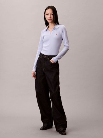 Calvin Klein - Áo polo dệt kim tay dài nữ Woven Monologo Rib Collared Top - 4