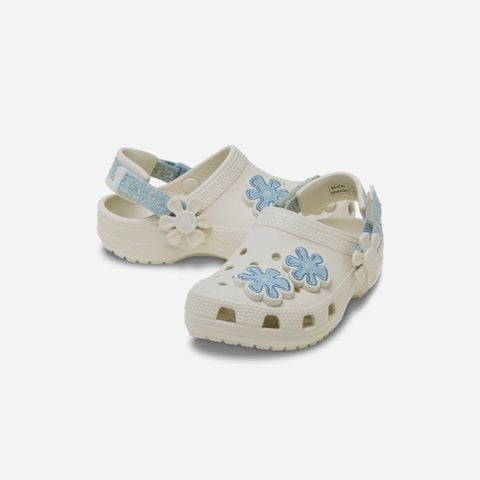 Crocs - Giày Trẻ Em Bé Gái Classic Clog T Denim Flower Summit White