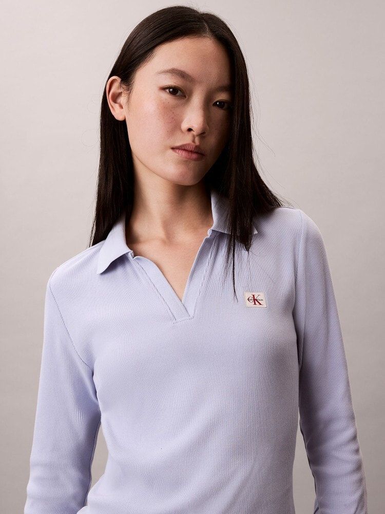 Calvin Klein - Áo polo dệt kim tay dài nữ Woven Monologo Rib Collared Top