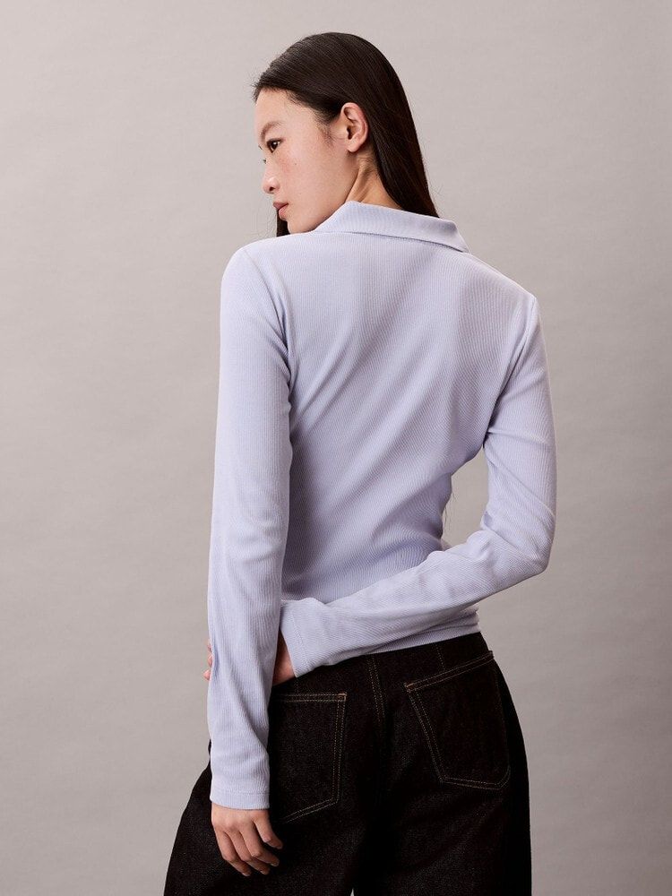 Calvin Klein - Áo polo dệt kim tay dài nữ Woven Monologo Rib Collared Top