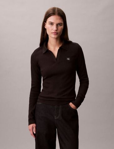 Calvin Klein - Áo polo tay dài dệt kim nữ Woven Monologo Rib Collared Top