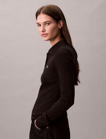 Calvin Klein - Áo polo tay dài dệt kim nữ Woven Monologo Rib Collared Top