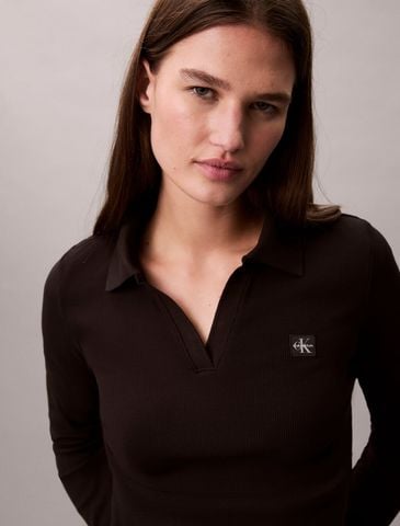 Calvin Klein - Áo polo tay dài dệt kim nữ Woven Monologo Rib Collared Top - 4