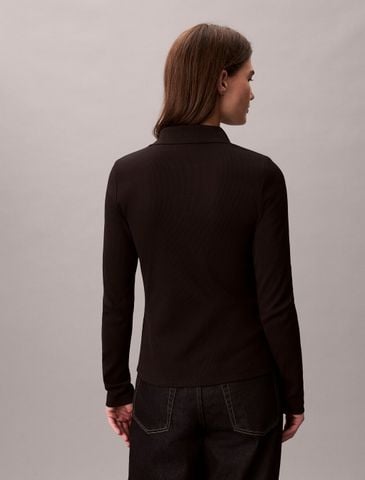 Calvin Klein - Áo polo tay dài dệt kim nữ Woven Monologo Rib Collared Top - 3