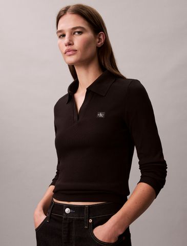 Calvin Klein - Áo polo tay dài dệt kim nữ Woven Monologo Rib Collared Top - 2