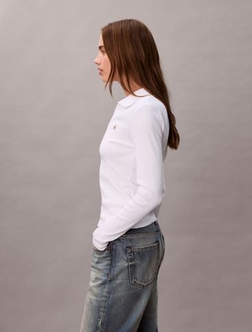 Calvin Klein - Áo polo tay dài dệt kim nữ Woven Monologo Rib Collared Top