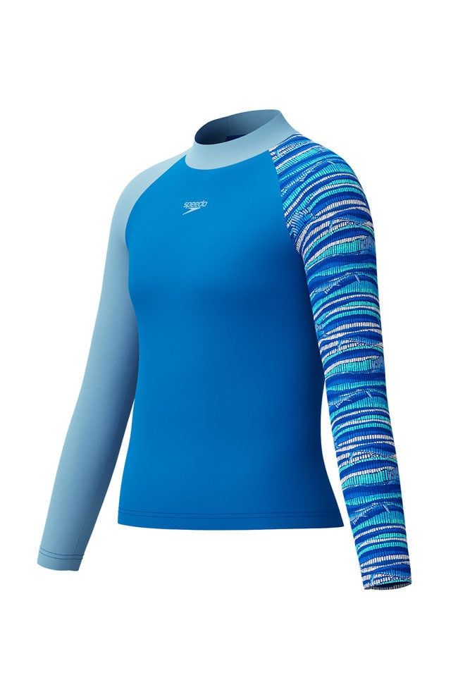 Speedo - Áo bơi tay dài chống nắng bé trai Speedo Junior Boys Lagoon Blue Print L/S Sun Top