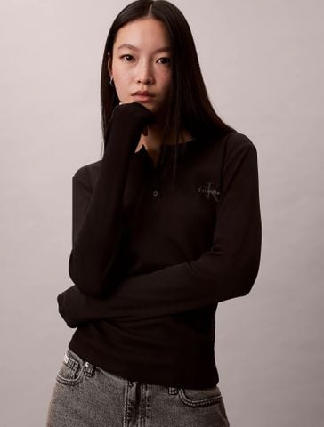 Calvin Klein - Áo thun tay dài nữ Monologo Rib Henley T-Shirt - 4