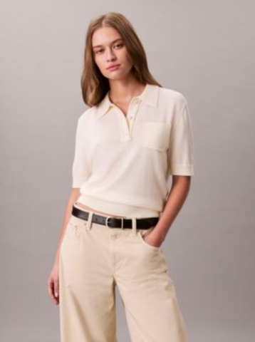 Calvin Klein - Áo len tay ngắn nữ Merino Wool Polo Sweater