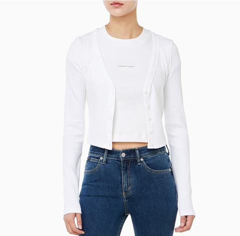 Calvin Klein - Áo Cardigan Nữ Long Sleeve Woven Label 2x2 Baby Rib