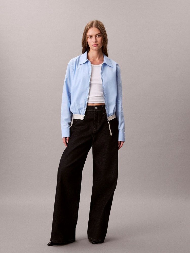 Calvin Klein - Áo khoác sơ mi tay dài nữ CK Logo Trim Cropped Shirt