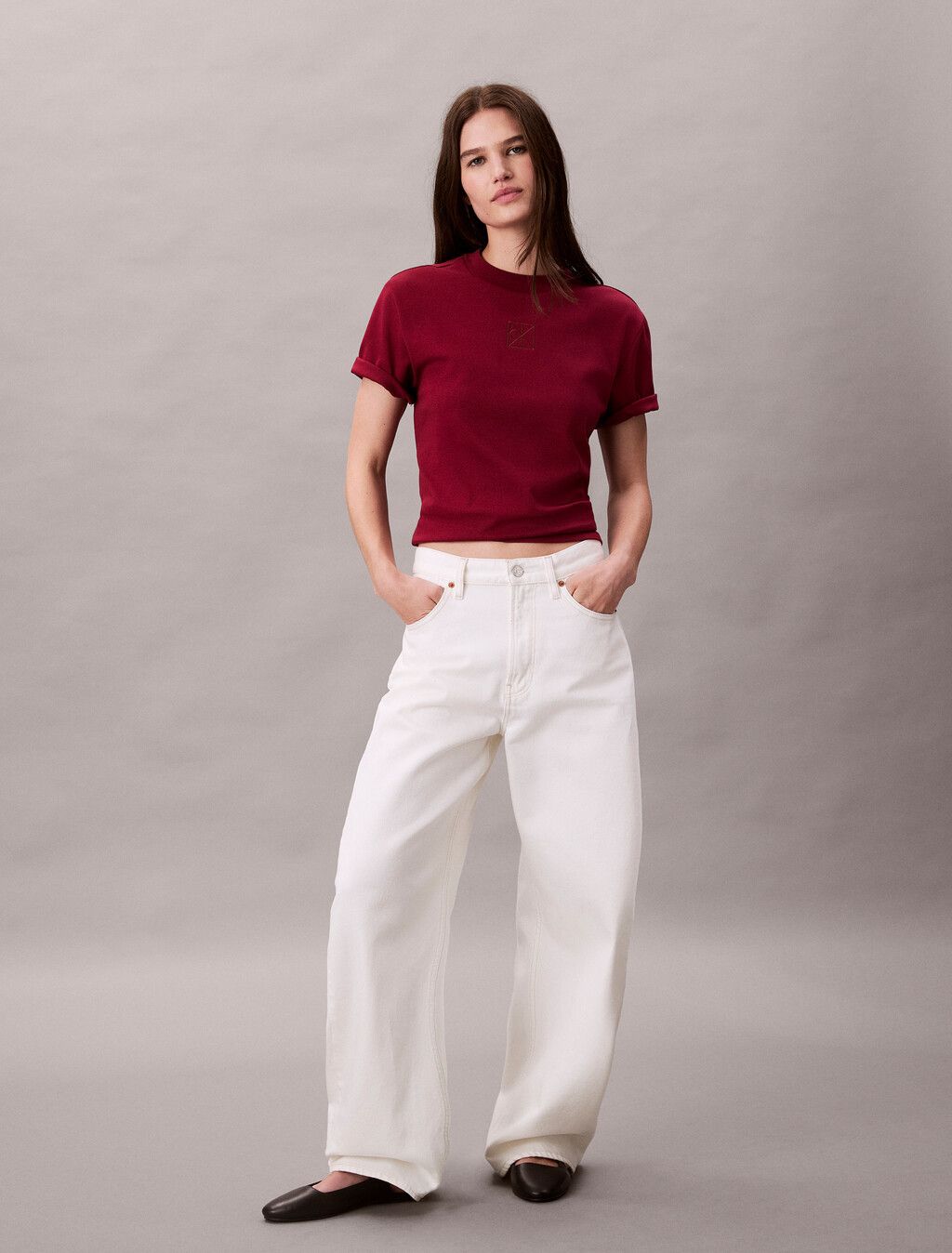 Calvin Klein - Áo thun thời trang nữ Premium Cotton Mock Neck Tee