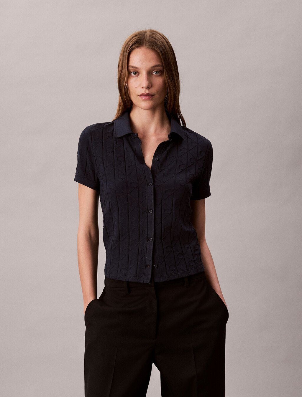 Calvin Klein - Áo polo nữ Allover Monogram Logo Jacquard Polo Top