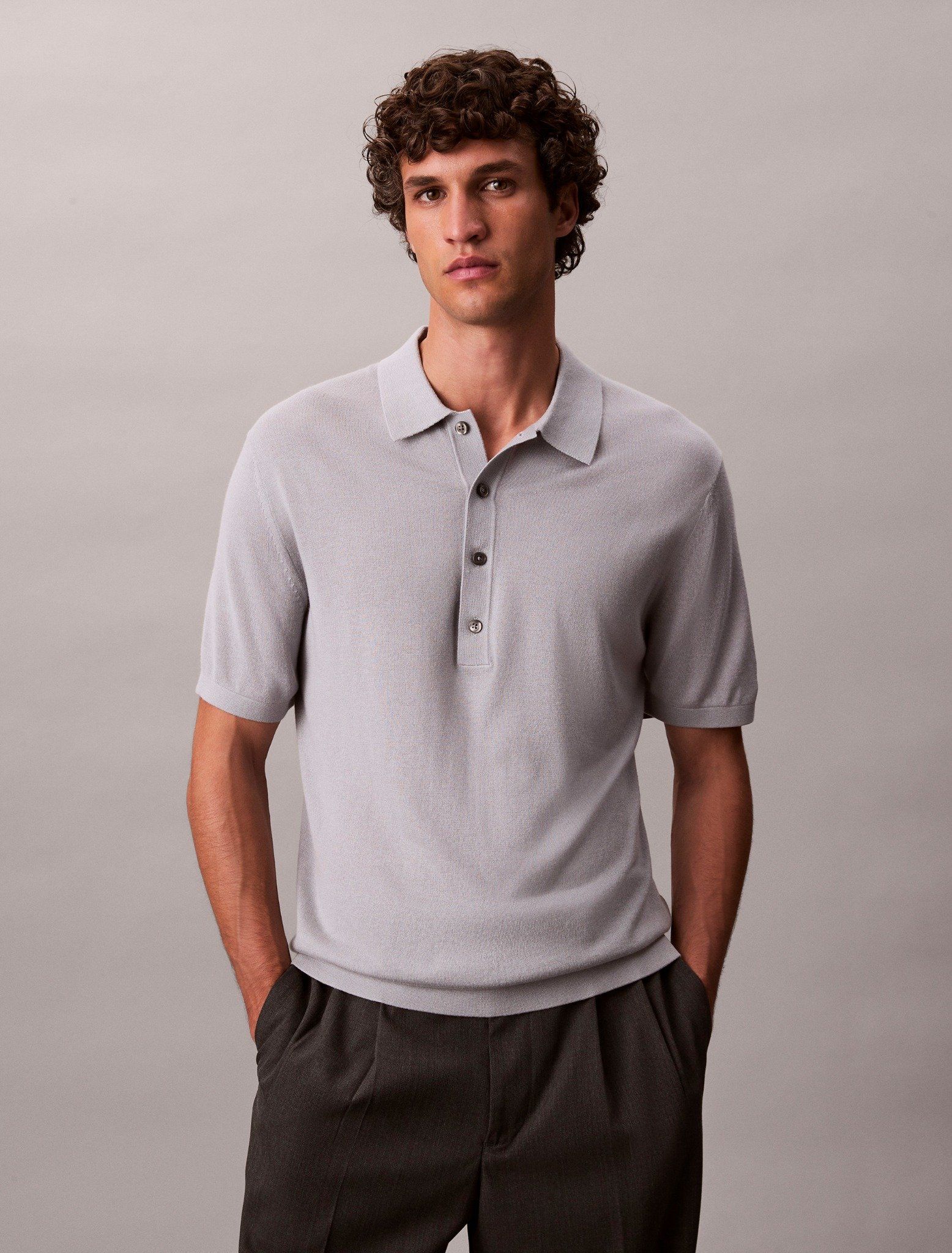 Calvin Klein - Áo polo dệt kim nam Silk Cashmere Polo Sweater