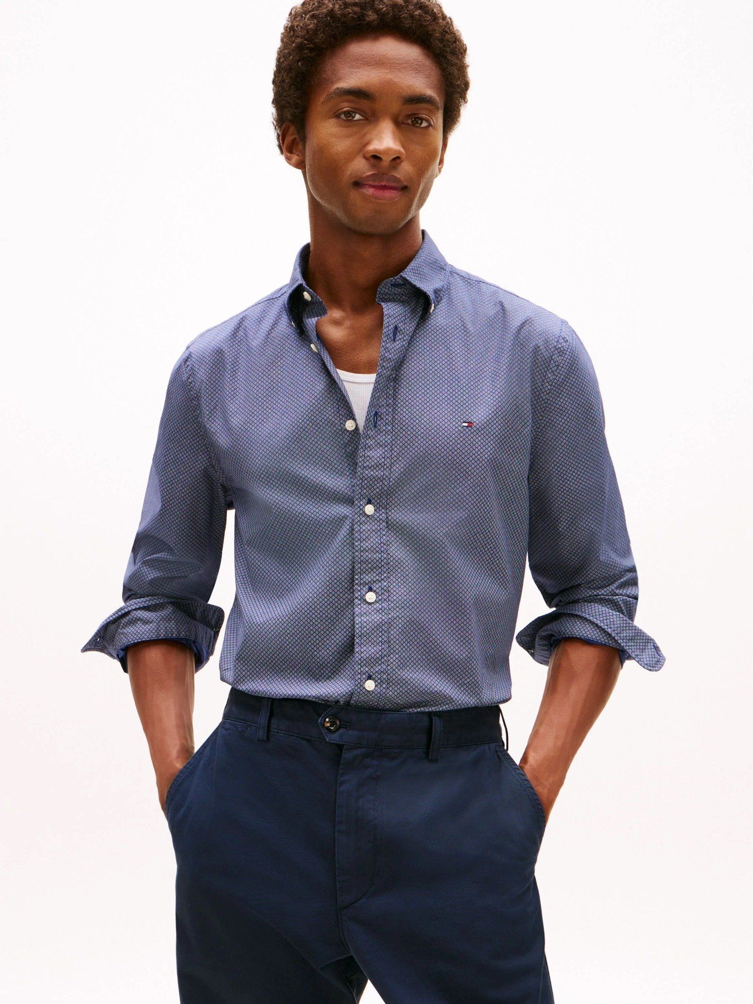 Tommy Hilfiger - Áo sơ mi tay dài nam Flex Poplin Regular Micro Print Shirt