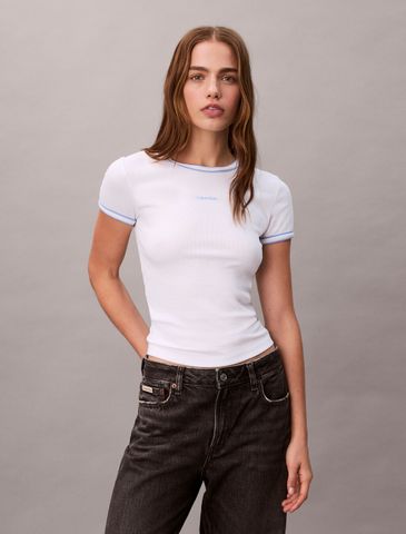 Calvin Klein - Áo thun dệt kim nữ Contrast Trim Ribbed Logo Graphic Baby Tee