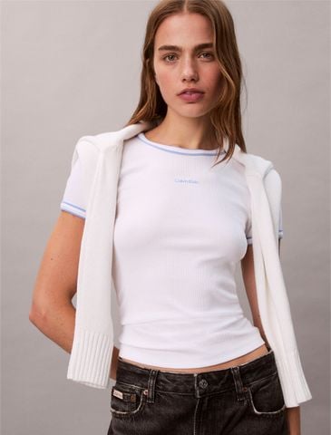 Calvin Klein - Áo thun dệt kim nữ Contrast Trim Ribbed Logo Graphic Baby Tee - 2
