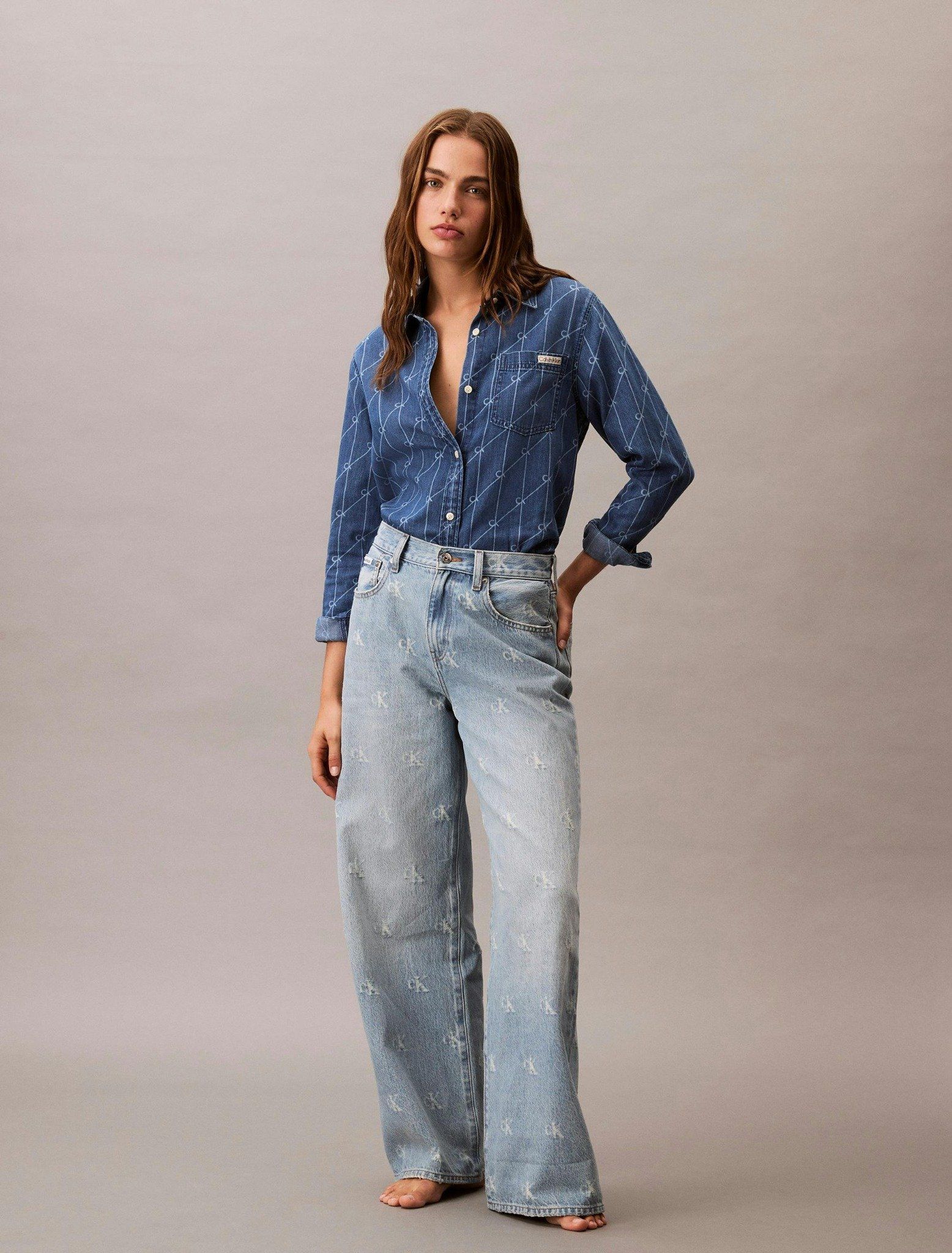 Calvin Klein - Quần jeans ống rộng nữ Wide Leg Logo Jeans
