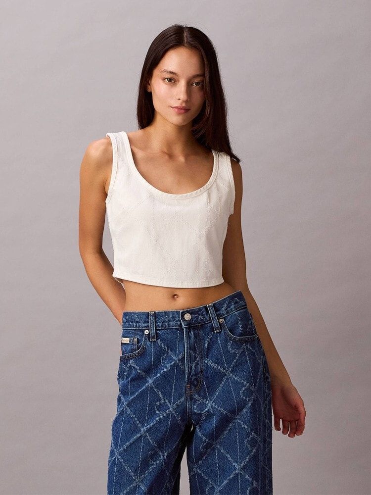 Calvin Klein - Áo ba lỗ nữ Denim Allover Monogram Cropped Tank Top