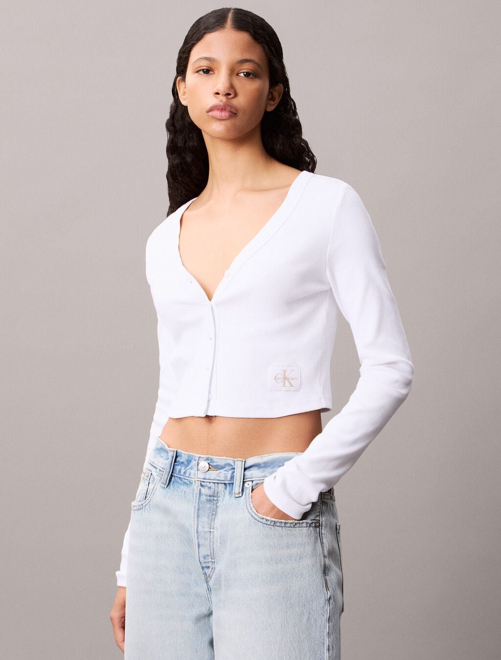 Calvin Klein - Áo khoác len nữ Cropped Ribbed Cotton Cardigan