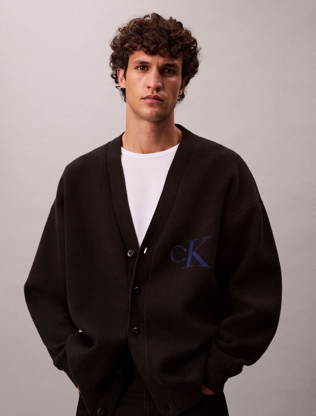 Calvin Klein - Áo khoác len nam Cotton Blend Monogram Logo Relaxed Cardigan
