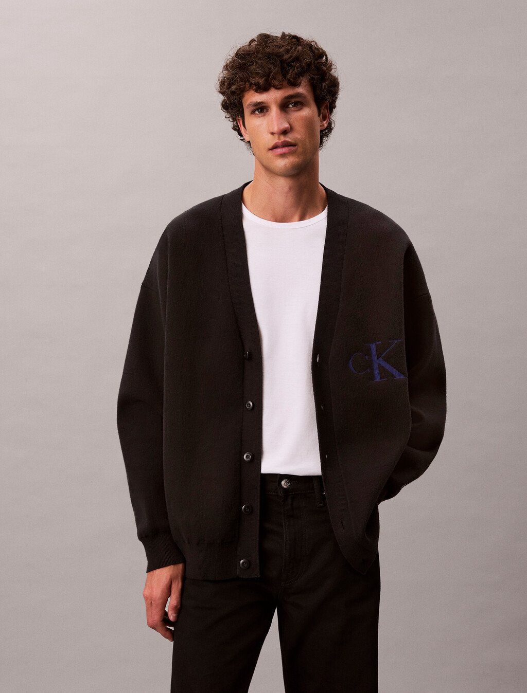 Calvin Klein - Áo khoác len nam Cotton Blend Monogram Logo Relaxed Cardigan